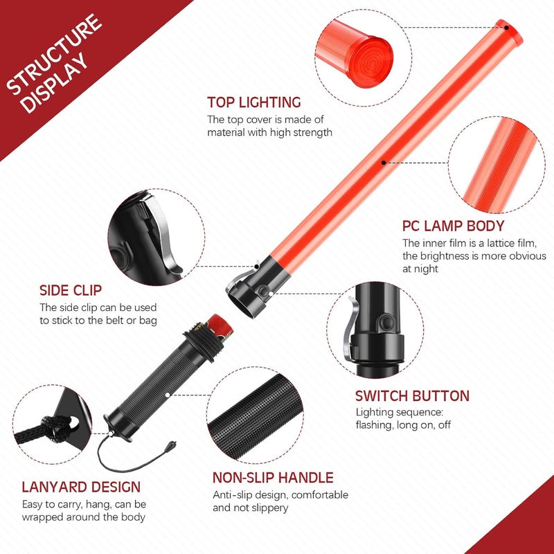 TOODOO 12 Pcs Signal Traffic Wand Safety Traffic Control Wand Lighted Baton Multifunctional LED Traffic Baton with 2 Flashing Modes, Wrist Strap Lanyard, Side Clip (Using 2 C-Size Batteries, 21 Inch) - Image 4